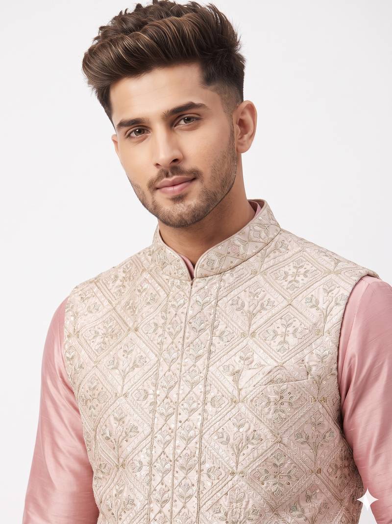 A loyal champagne beige and dusty pink art silk resham zari & sequin embroidered nehru jacket for men