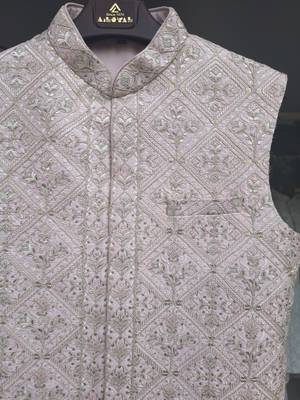 A loyal champagne beige and dusty pink art silk resham zari & sequin embroidered nehru jacket for men 4
