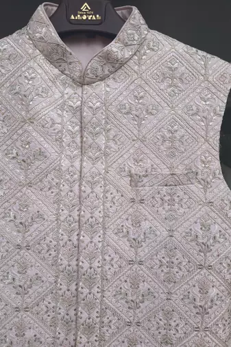 A loyal champagne beige and dusty pink art silk resham zari & sequin embroidered nehru jacket for men