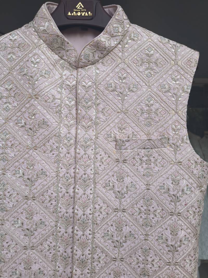 A loyal champagne beige and dusty pink art silk resham zari & sequin embroidered nehru jacket for men