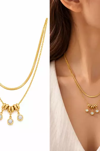Anti-Tarnish Golden Double-Layer Neck Chain with Elegant Crystal Drop Charms – Modern Luxury Jewellery