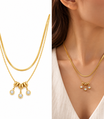 Anti-Tarnish Golden Double-Layer Neck Chain with Elegant Crystal Drop Charms – Modern Luxury Jewellery