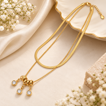 Anti-Tarnish Golden Double-Layer Neck Chain with Elegant Crystal Drop Charms – Modern Luxury Jewellery 2