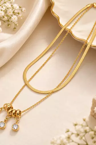 Anti-Tarnish Golden Double-Layer Neck Chain with Elegant Crystal Drop Charms – Modern Luxury Jewellery