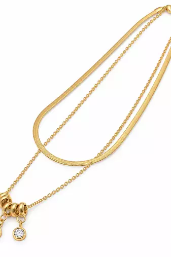 Anti-Tarnish Golden Double-Layer Neck Chain with Elegant Crystal Drop Charms – Modern Luxury Jewellery