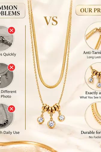 Anti-Tarnish Golden Double-Layer Neck Chain with Elegant Crystal Drop Charms – Modern Luxury Jewellery