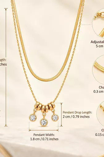 Anti-Tarnish Golden Double-Layer Neck Chain with Elegant Crystal Drop Charms – Modern Luxury Jewellery