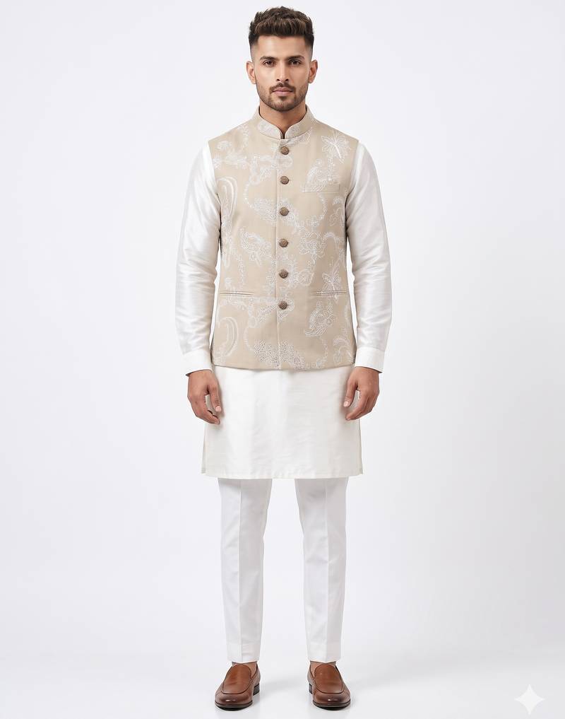 A loyal premium floral embroidered art silk nehru jacket with resham and sequin work