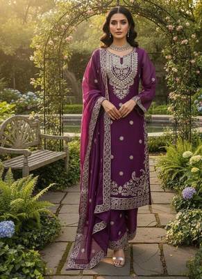 Plum purple jmc silk blend thread work suit set 1