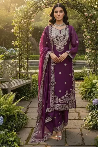 Plum purple jmc silk blend thread work suit set