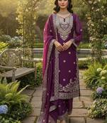 Plum purple jmc silk blend thread work suit set