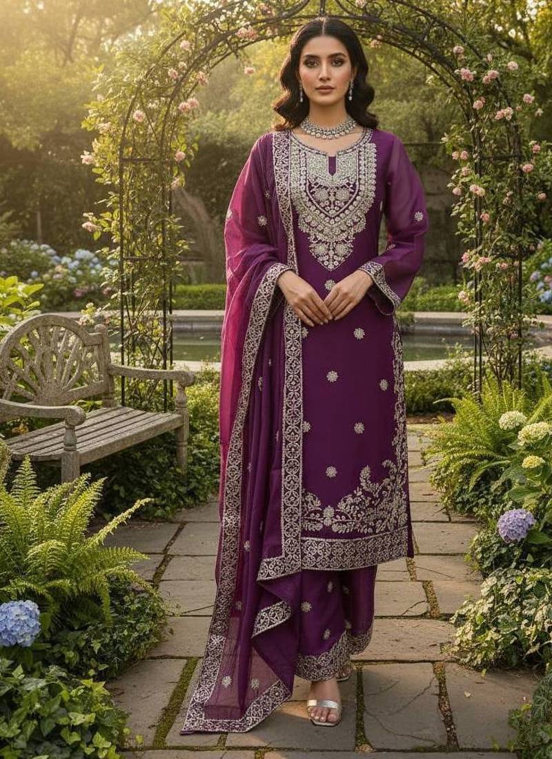 Plum purple jmc silk blend thread work suit set