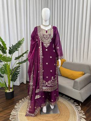 Plum purple jmc silk blend thread work suit set 2