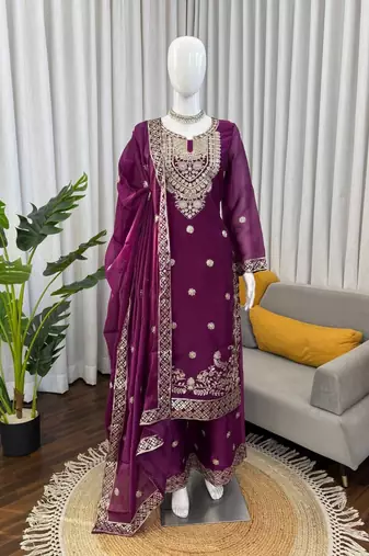 Plum purple jmc silk blend thread work suit set