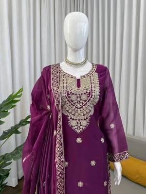 Plum purple jmc silk blend thread work suit set 3