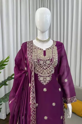 Plum purple jmc silk blend thread work suit set