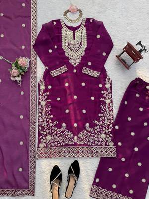 Plum purple jmc silk blend thread work suit set 4
