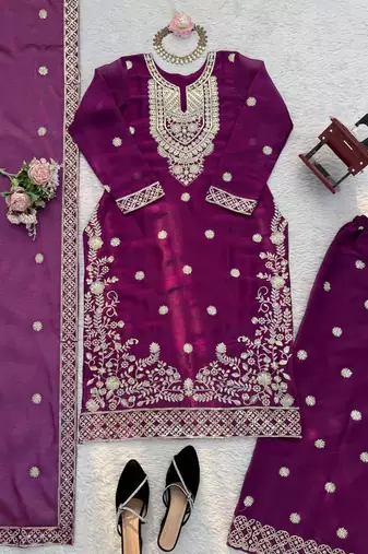 Plum purple jmc silk blend thread work suit set