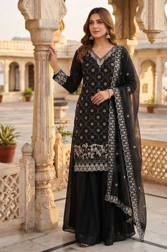Black fendy embroidered kurti palazzo set