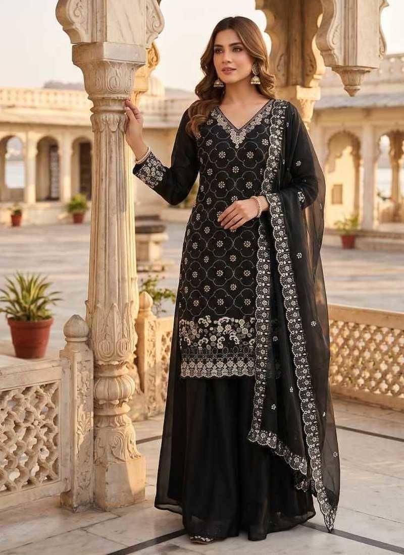 Black fendy embroidered kurti palazzo set