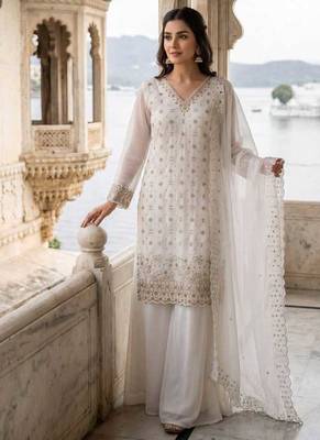 White fendy embroidered kurti palazzo set 1