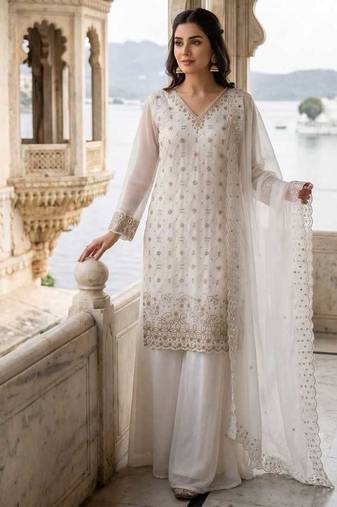 White fendy embroidered kurti palazzo set