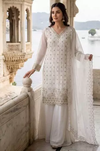 White fendy embroidered kurti palazzo set