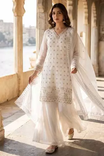 White fendy embroidered kurti palazzo set