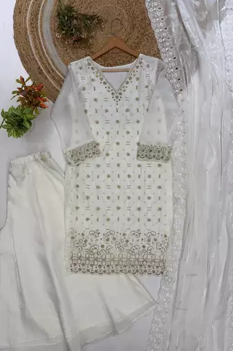 White fendy embroidered kurti palazzo set