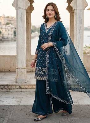 Navy blue fendy embroidered kurti palazzo set 1