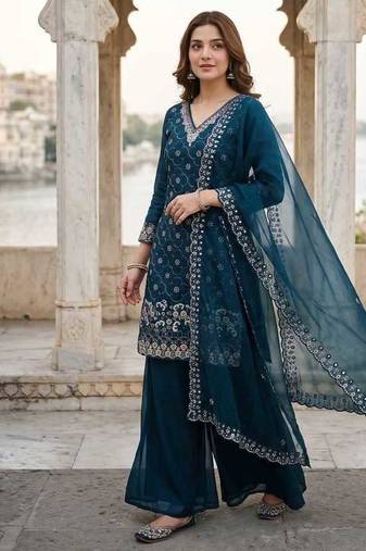 Navy blue fendy embroidered kurti palazzo set