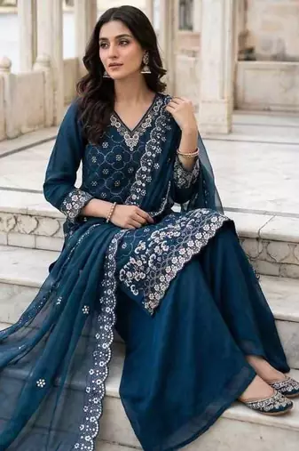 Navy blue fendy embroidered kurti palazzo set