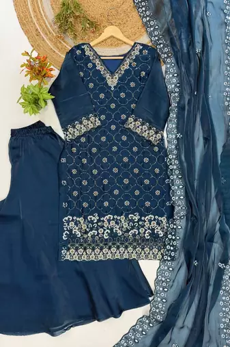Navy blue fendy embroidered kurti palazzo set
