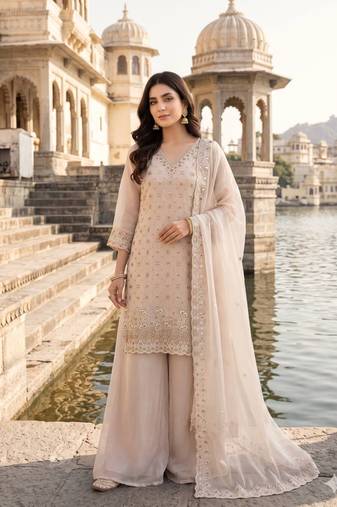 Champagne beige fendy embroidered kurti palazzo set