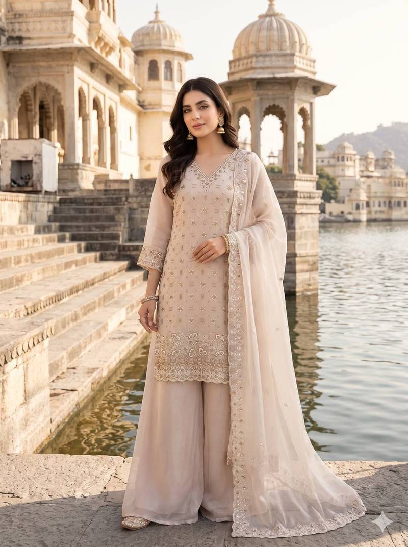 Champagne beige fendy embroidered kurti palazzo set