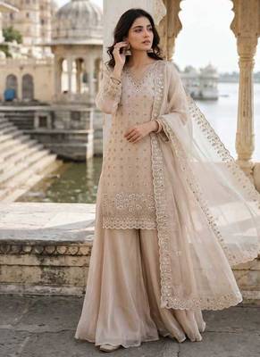 Champagne beige fendy embroidered kurti palazzo set 2
