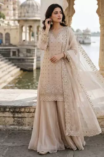 Champagne beige fendy embroidered kurti palazzo set