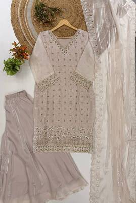 Champagne beige fendy embroidered kurti palazzo set 3