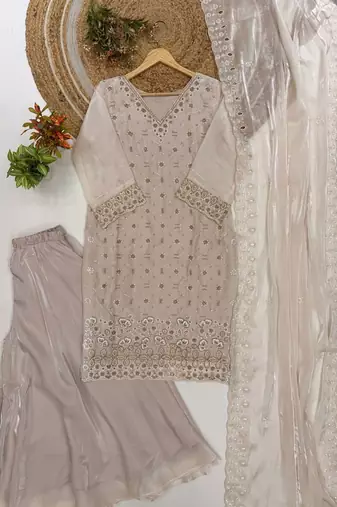 Champagne beige fendy embroidered kurti palazzo set