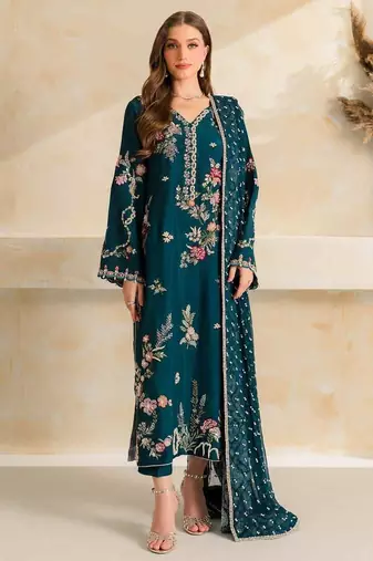Peacock teal blue mul chanderi embroidered suit set
