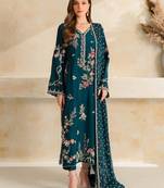 Peacock teal blue mul chanderi embroidered suit set