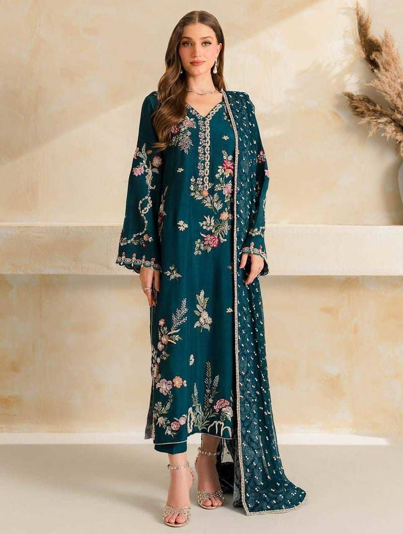 Peacock teal blue mul chanderi embroidered suit set