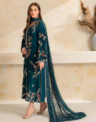 Peacock teal blue mul chanderi embroidered suit set 2
