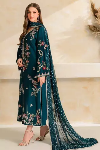 Peacock teal blue mul chanderi embroidered suit set