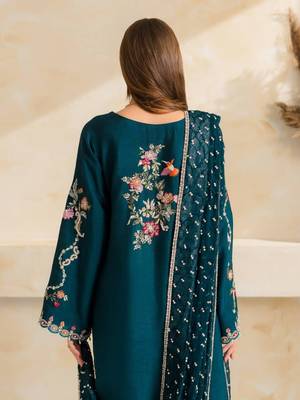 Peacock teal blue mul chanderi embroidered suit set 3