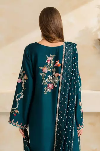 Peacock teal blue mul chanderi embroidered suit set
