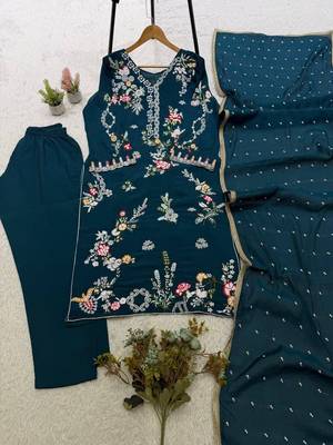 Peacock teal blue mul chanderi embroidered suit set 4