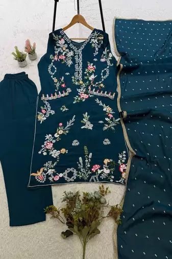 Peacock teal blue mul chanderi embroidered suit set