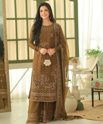 Mustard olive georgette sequin embroidered palazzo suit set 1