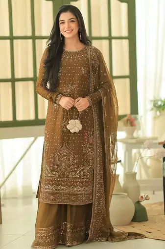 Mustard olive georgette sequin embroidered palazzo suit set